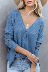 Casual Solid Buckle V Neck Tops