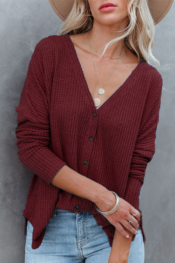 Casual Solid Buckle V Neck Tops