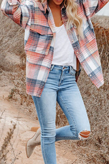 Casual Plaid Buckle Turndown Collar Outerwear