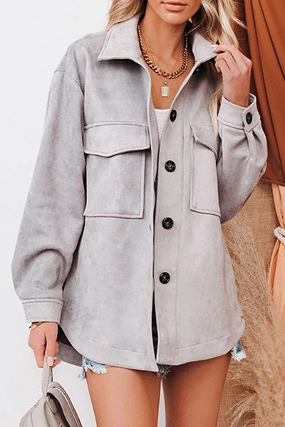 Casual Solid Pocket Buckle Turndown Collar Outerwear