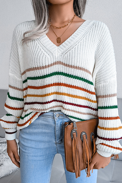 Casual Striped Split Joint V Neck Tops Sweater