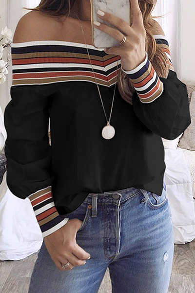 Casual Striped Patchwork Off the Shoulder Tops