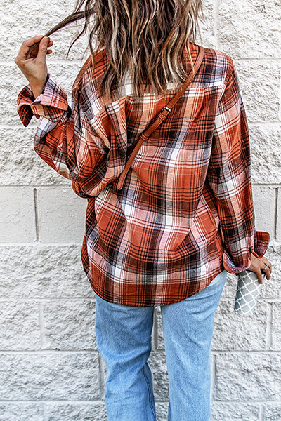 Casual Plaid Buckle Turndown Collar Tops