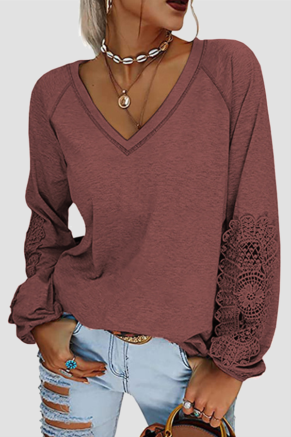 Casual Solid Lace Patchwork V Neck T-Shirts