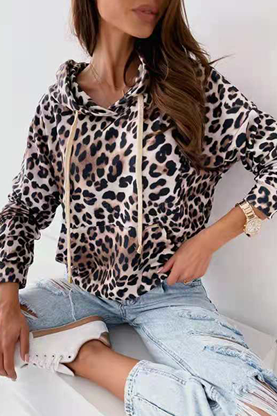 Casual Print Draw String Pocket Hooded Collar Tops