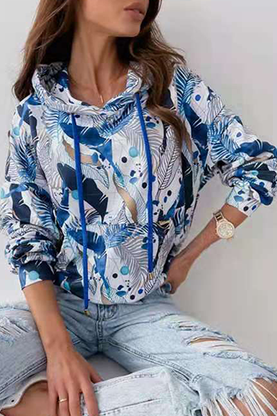 Casual Print Draw String Pocket Hooded Collar Tops