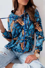 Casual Print Draw String Pocket Hooded Collar Tops