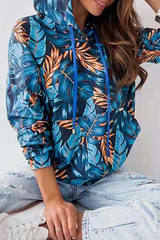 Casual Print Draw String Pocket Hooded Collar Tops