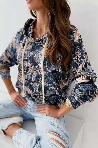 Casual Print Draw String Pocket Hooded Collar Tops