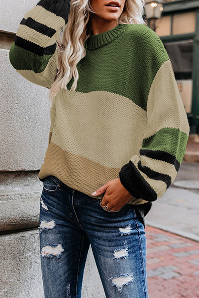 Casual Striped Split Joint  Contrast O Neck Tops Sweater