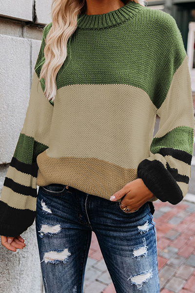 Casual Striped Split Joint  Contrast O Neck Tops Sweater