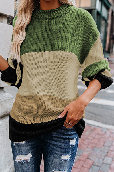 Casual Striped Split Joint  Contrast O Neck Tops Sweater