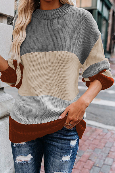 Casual Striped Split Joint  Contrast O Neck Tops Sweater