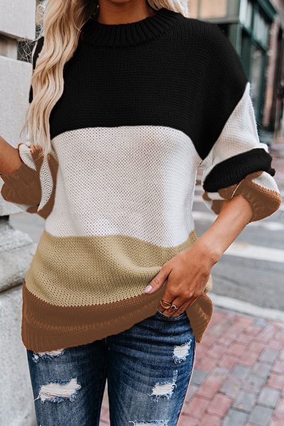 Casual Striped Split Joint  Contrast O Neck Tops Sweater