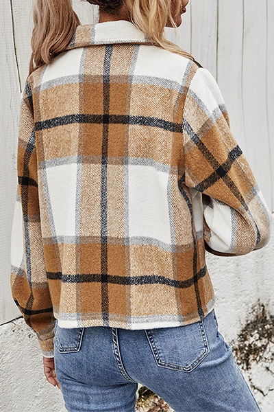 Casual Plaid Split Joint Buckle Turndown Collar Outerwear