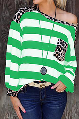 Casual Striped Leopard Pocket O Neck Tops(8 Colors)