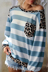 Casual Striped Leopard Pocket O Neck Tops(8 Colors)