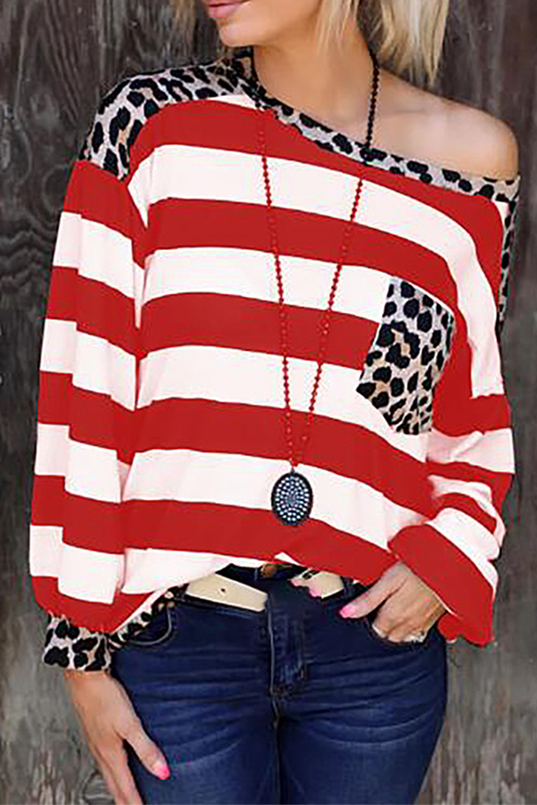 Casual Striped Leopard Pocket O Neck Tops(8 Colors)