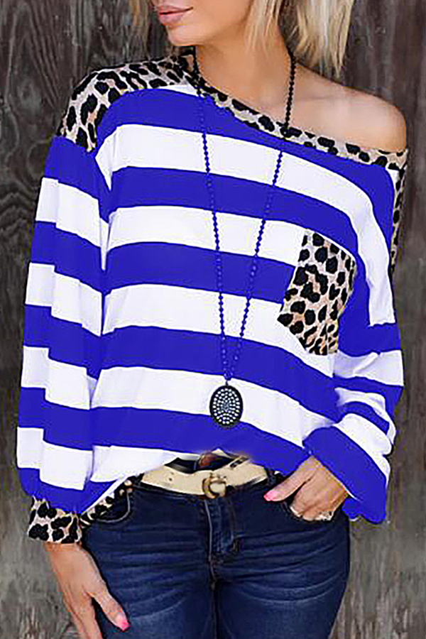 Casual Striped Leopard Pocket O Neck Tops(8 Colors)