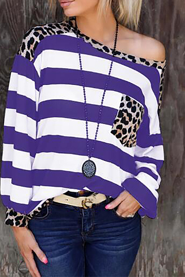 Casual Striped Leopard Pocket O Neck Tops(8 Colors)