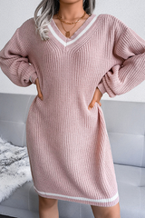 Casual Striped Split Joint  Contrast V Neck A Line Dresses Sweater (Without Belt)