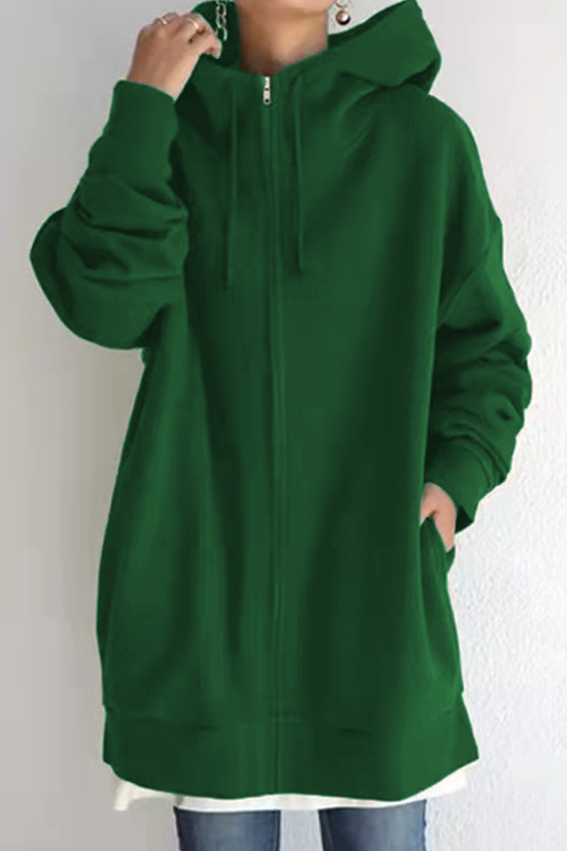 Casual Solid Draw String Pocket Zipper Hooded Collar Tops(13 colors)