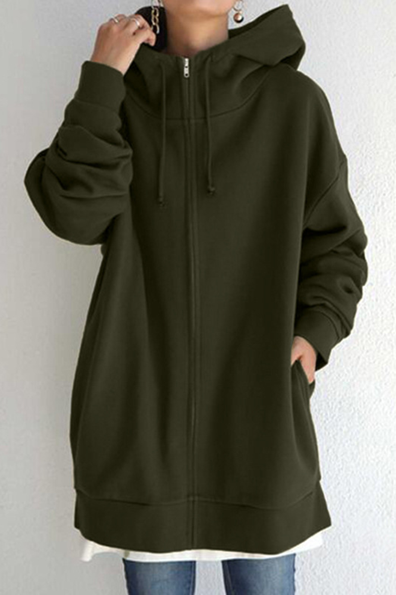 Casual Solid Draw String Pocket Zipper Hooded Collar Tops(13 colors)