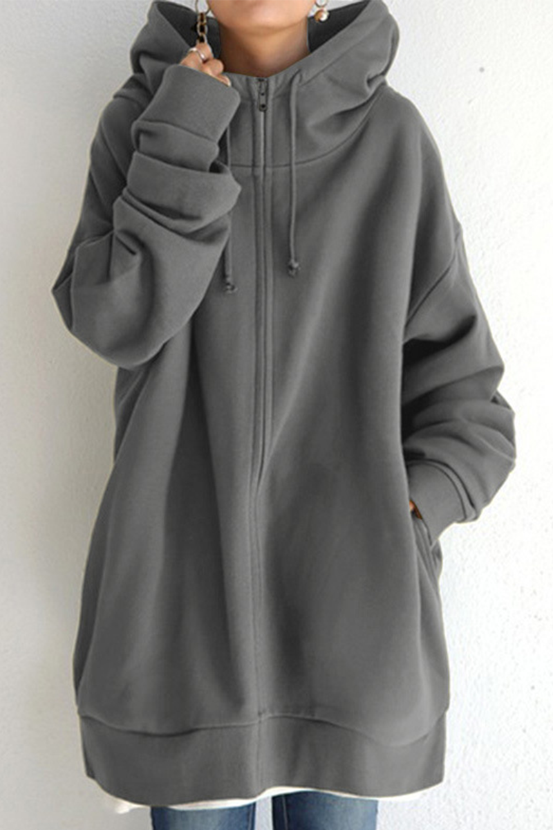 Casual Solid Draw String Pocket Zipper Hooded Collar Tops(13 colors)