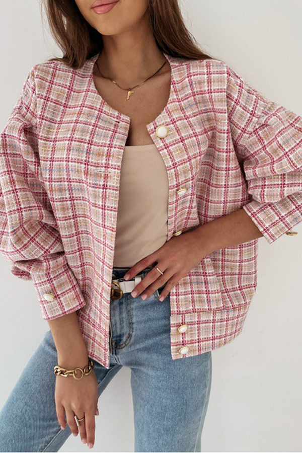 Casual Plaid Buckle O Neck Outerwear