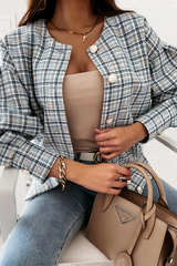 Casual Plaid Buckle O Neck Outerwear