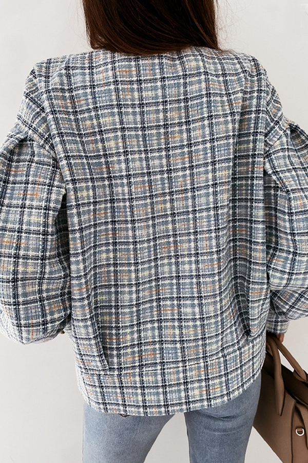 Casual Plaid Buckle O Neck Outerwear