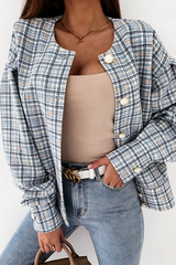 Casual Plaid Buckle O Neck Outerwear