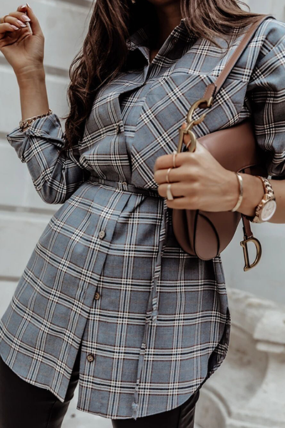 Casual Plaid Pocket Buckle With Belt Turndown Collar Tops(3 Colors)