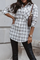 Casual Plaid Pocket Buckle With Belt Turndown Collar Tops(3 Colors)