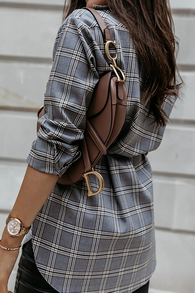 Casual Plaid Pocket Buckle With Belt Turndown Collar Tops(3 Colors)