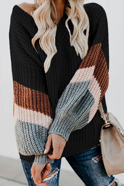 Casual Striped Split Joint  Contrast V Neck Tops Sweater