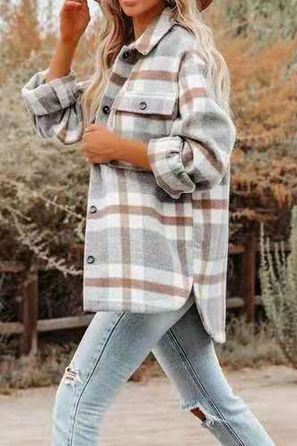 Casual Plaid Pocket Buckle Turndown Collar Outerwear(8 Colors)