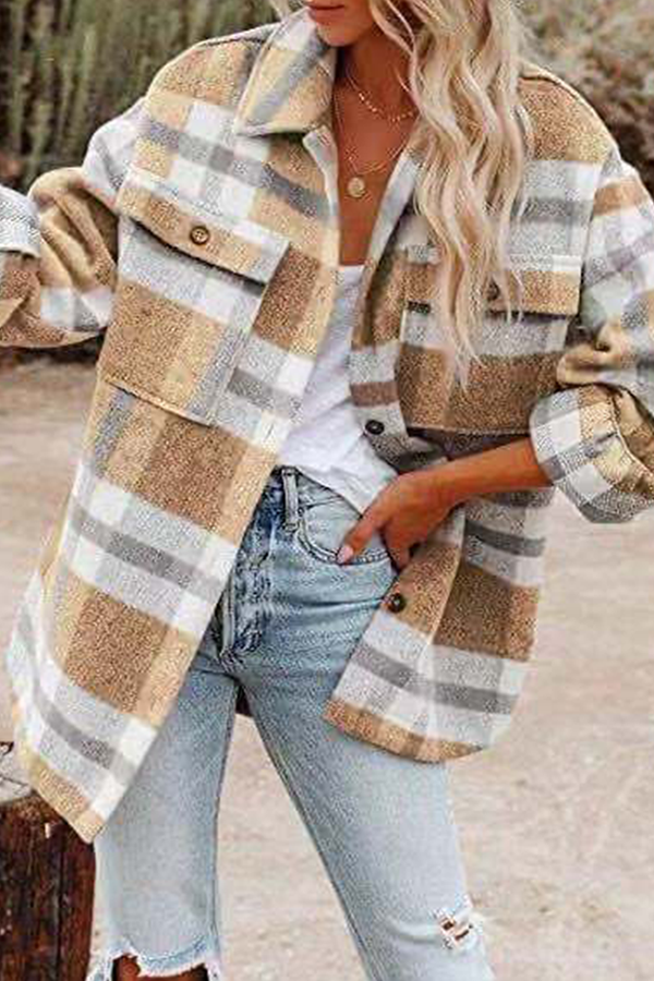 Casual Plaid Pocket Buckle Turndown Collar Outerwear(8 Colors)