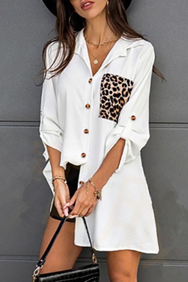 Casual Leopard Patchwork Buckle Turndown Collar Tops