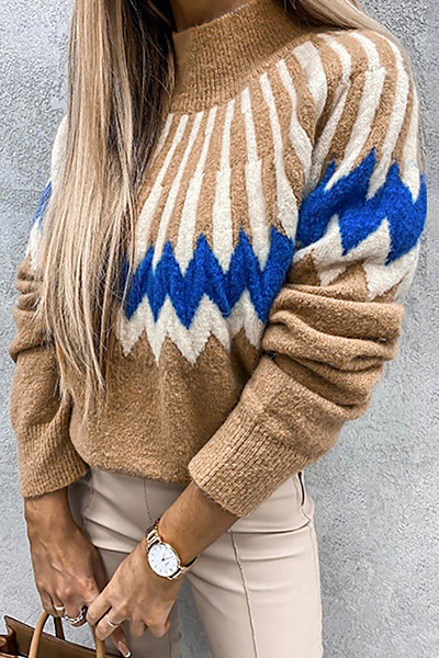 Casual Geometric Patchwork Contrast Turtleneck Tops(4 colors)