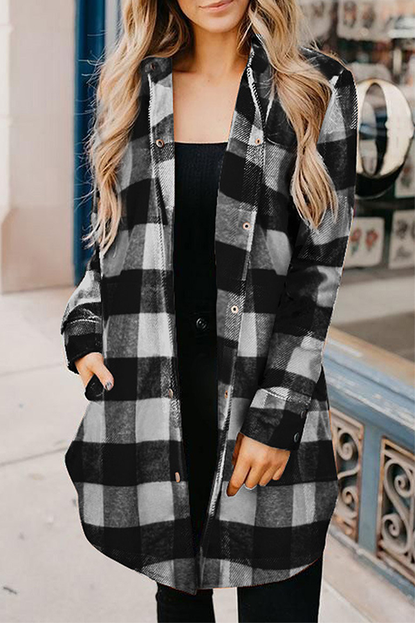 Casual Plaid Pocket Buckle Turndown Collar Outerwear(6 Colors)