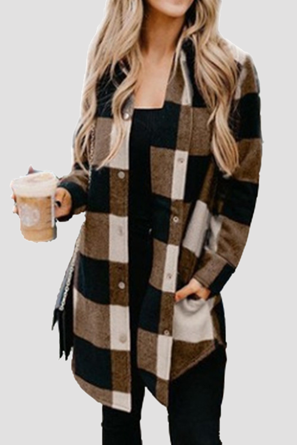 Casual Plaid Pocket Buckle Turndown Collar Outerwear(6 Colors)