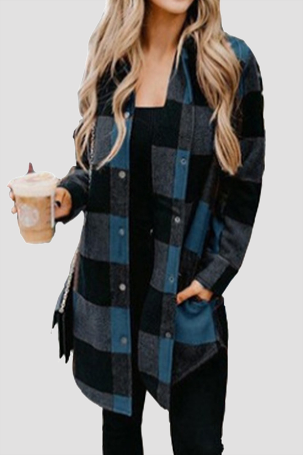 Casual Plaid Pocket Buckle Turndown Collar Outerwear(6 Colors)