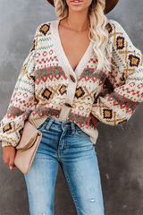 Casual Geometric Patchwork Buckle V Neck Outerwear Sweater