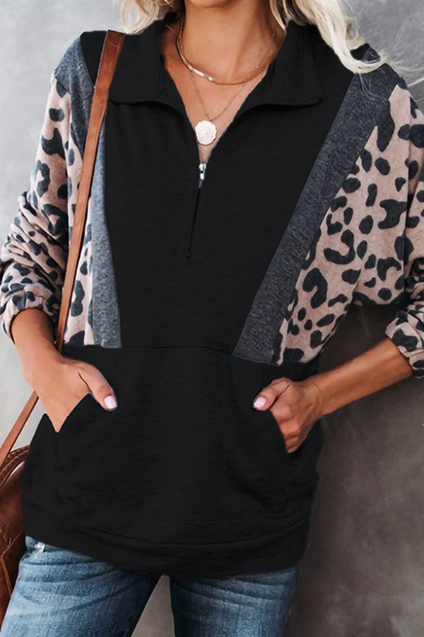 Casual Leopard Patchwork Pocket Zipper Collar Tops