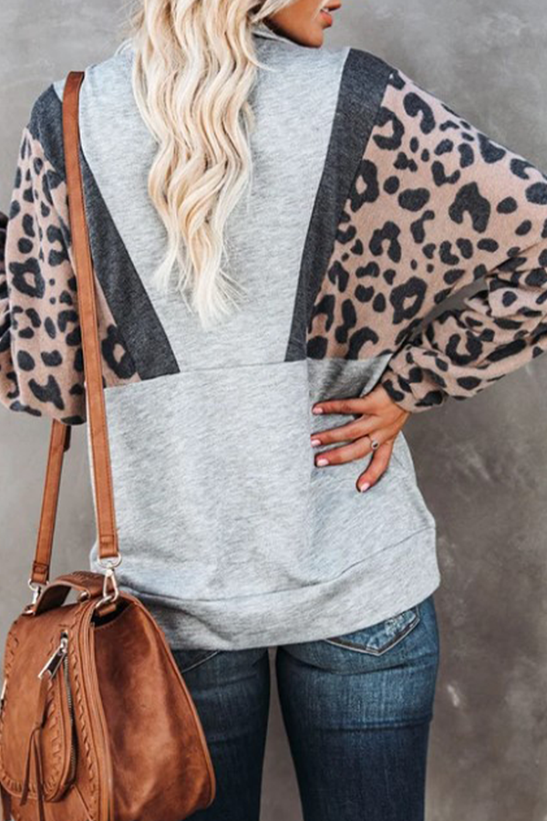 Casual Leopard Patchwork Pocket Zipper Collar Tops