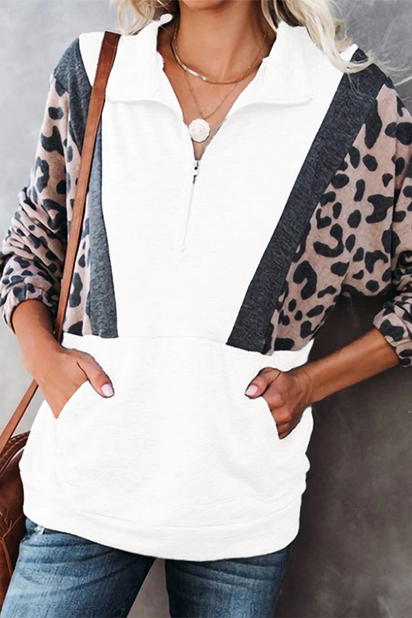 Casual Leopard Patchwork Pocket Zipper Collar Tops