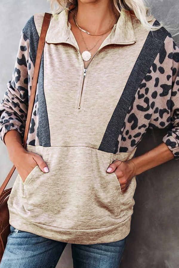 Casual Leopard Patchwork Pocket Zipper Collar Tops