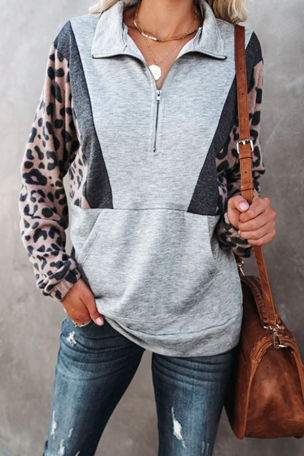 Casual Leopard Patchwork Pocket Zipper Collar Tops