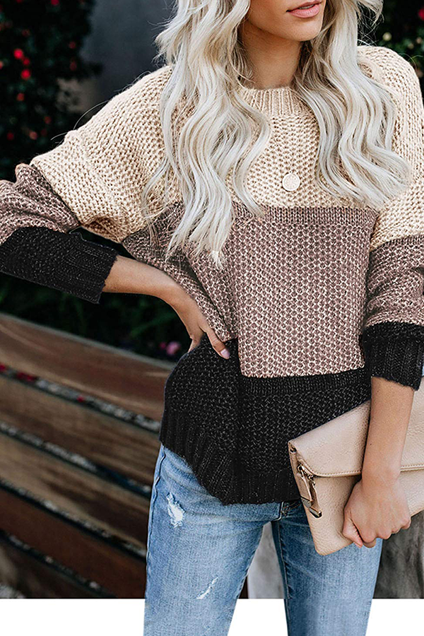 Casual Patchwork Basic  Contrast O Neck Tops Sweater